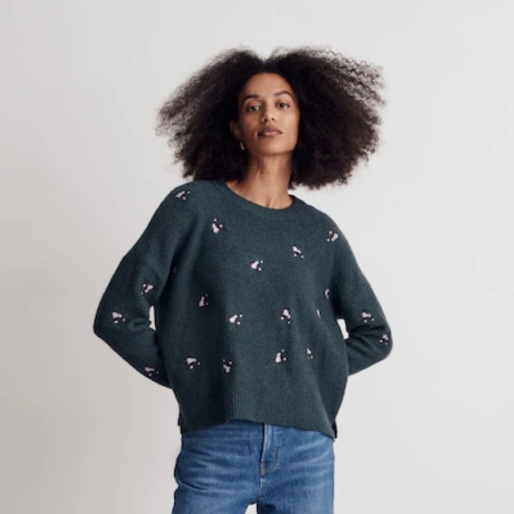 Embroidered Cross-Stitch Floral Pullover Sweater in Heather spruce color